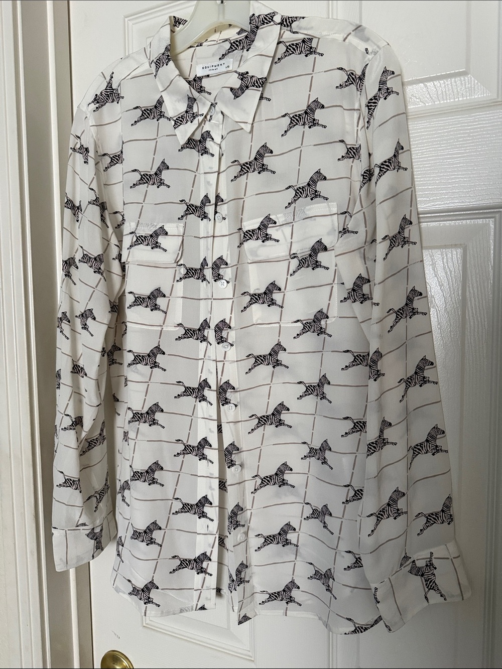Equipment White Silk Button-Up Shirt with Black Zebra Print